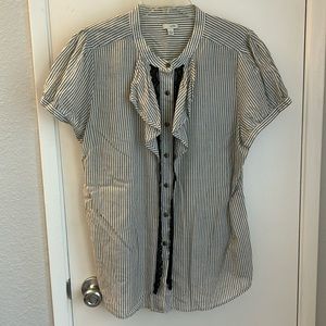 Gray striped top with black lace detail from Anthropologie